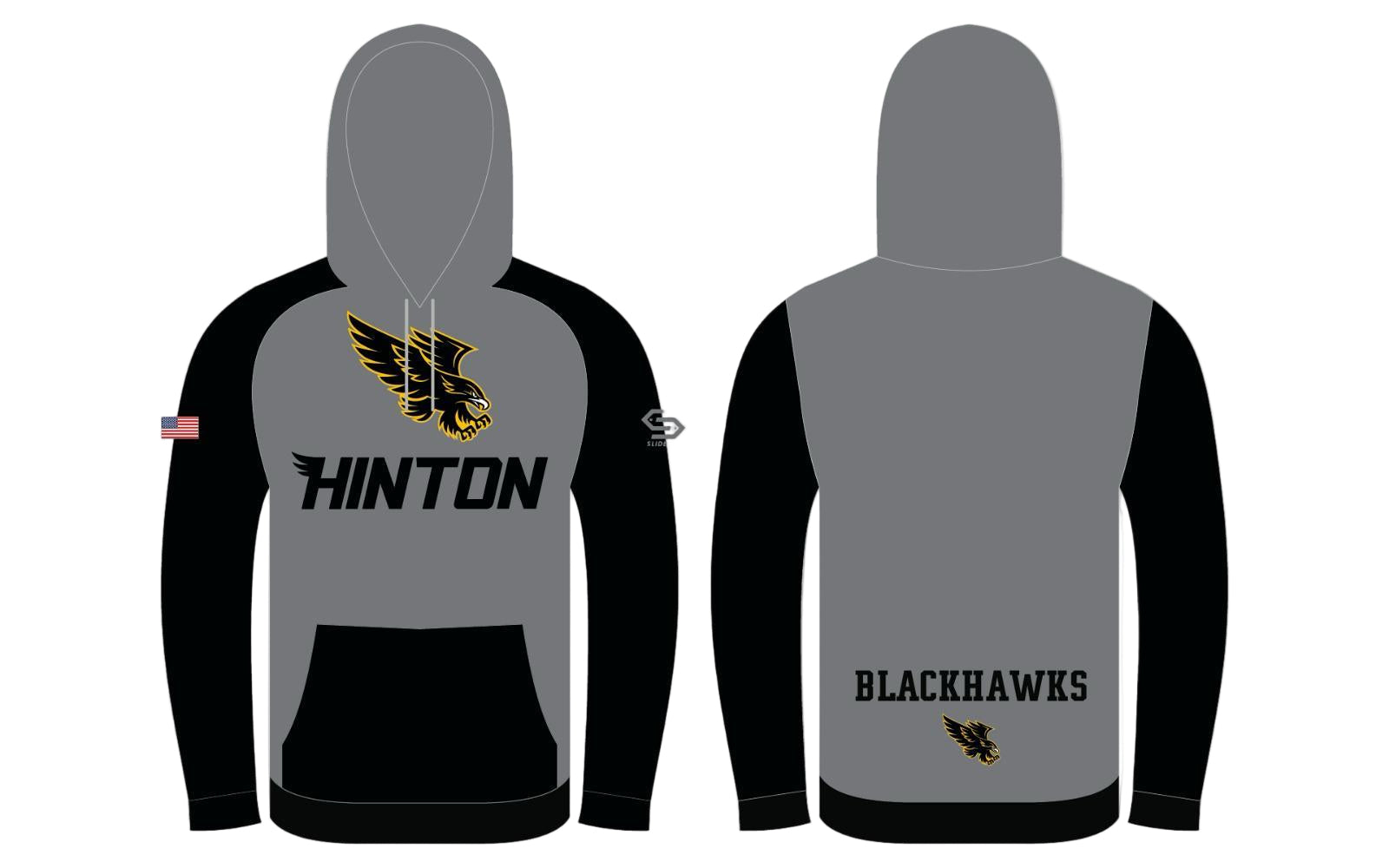 Gray and black hoodie with 'Hinton' and 'Blackhawks' text on a white background