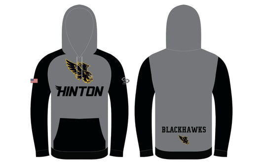 Gray and black hoodie with 'Hinton' and 'Blackhawks' text on a white background