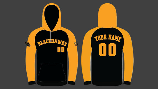 Black and gold hoodie with 'Blackhawks' branding on the front and customizable text on the back.