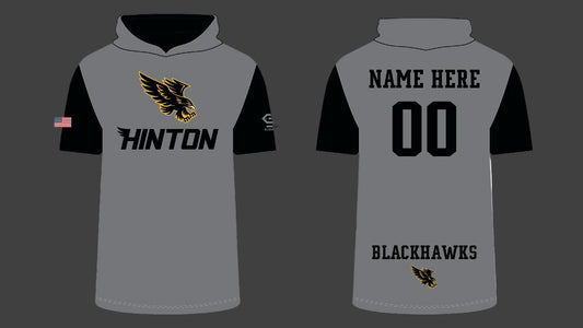 Gray and black hoodie with 'Hinton' and 'Blackhawks' text, American flag on a white background