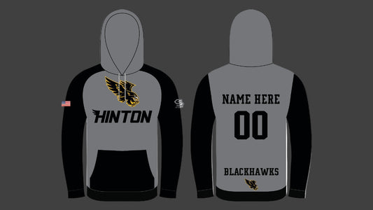 Gray and black hoodie with 'Hinton' and 'Blackhawks' text, customizable name and number on back.